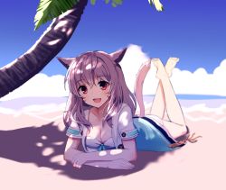 Rule 34 | 10s, 1girl, :d, animal ears, barefoot, beach, bikini, blue sky, blush, breasts, cat ears, cat girl, cat tail, chamnaitu, cleavage, cloud, dappled sunlight, day, final fantasy, final fantasy xiv, front-tie bikini top, front-tie top, highres, jacket, legs up, light purple hair, long hair, looking at viewer, lying, miqo&#039;te, ocean, on stomach, open clothes, open jacket, open mouth, orange eyes, outdoors, palm tree, sand, shadow, short sleeves, sky, slit pupils, smile, soles, solo, strapless, strapless bikini, sunlight, sweatdrop, swimsuit, tail, tree, warrior of light (ff14), water, white bikini