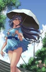 Rule 34 | 1girl, black hair, blue dress, blue sky, breasts, brown horns, cleavage, clothing cutout, cloud, commentary request, day, demon girl, demon horns, demon tail, dress, expressionless, feet out of frame, highres, holding, holding umbrella, horns, large breasts, long hair, looking afar, medium bangs, nanashi inc., off-shoulder dress, off shoulder, open mouth, outdoors, pointy ears, ryokuoushoku hitode, shimamura charlotte, sky, solo, stairs, tail, tan, tree, umbrella, underboob cutout, very long hair, virtual youtuber, white umbrella, yellow eyes