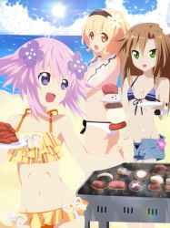 Rule 34 | 10s, 3girls, compa, highres, if (neptunia), multiple girls, neptune (neptunia), neptune (series), purple eyes, purple hair, smile, yellow eyes, yellow theme