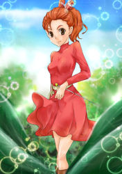 Rule 34 | 1girl, arrietty, bad id, bad pixiv id, breasts, brown eyes, brown hair, closed mouth, clothes pin, commentary request, day, dress, karigurashi no arrietty, leaf, long hair, looking at viewer, mini person, minigirl, outdoors, ponytail, red dress, smile, solo, standing