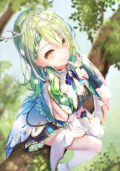 Rule 34 | 1girl, antlers, blush, braid, braided bangs, branch, breasts, ceres fauna, cleavage, finger to mouth, fingerless gloves, flower, gloves, green hair, green nails, hair flower, hair ornament, highres, hololive, hololive english, horns, leaf, long hair, looking at viewer, looking up, medium breasts, mikage hrk, mole, mole under eye, nail polish, one eye covered, single braid, sitting on branch, smile, solo, tree, virtual youtuber, yellow eyes