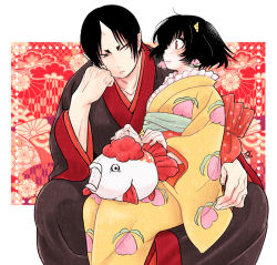 Rule 34 | 1boy, 1girl, black hair, blush, e-0057, hand on own face, hoozuki (hoozuki no reitetsu), hoozuki no reitetsu, horns, japanese clothes, looking at another, on lap, oni horns, peach maki, red eyes, short hair, stuffed toy