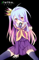 Rule 34 | 10s, 1girl, between legs, card, chess piece, crown, freeze (867139), gradient hair, hand between legs, highres, long hair, mouth hold, multicolored hair, no game no life, playing card, sailor collar, school uniform, serafuku, shiro (no game no life), side ponytail, skirt, thighhighs, zettai ryouiki