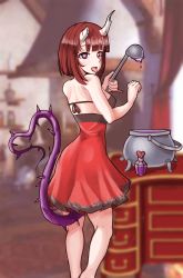 Rule 34 | 1girl, absurdres, black bra, blunt bangs, blurry, blurry background, bottle, bra, broken horn, brown hair, cauldron, demon girl, demon horns, desk, dress, eriko (princess connect!), fur-trimmed dress, fur trim, heart, heart-shaped pupils, heart tail, highres, holding, holding ladle, horns, ladle, looking at viewer, looking back, princess connect!, purple eyes, red dress, short hair, solo, spiked tail, subiyon, symbol-shaped pupils, tail, tongue, tongue out, underwear