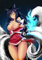 Rule 34 | 1girl, absurdres, ahri (league of legends), animal ears, bare shoulders, black hair, blue fire, breasts, breasts out, crossed arms, facial mark, female focus, fire, fox ears, fox tail, highres, league of legends, long hair, multiple tails, nipples, outdoors, panties, side-tie panties, sky, smile, solo, tail, underwear, varuna00, yellow eyes