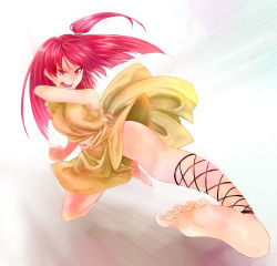 Rule 34 | 1girl, ankle lace-up, barefoot, cross-laced footwear, dress, feet, fighting stance, jewelry, kicking, magi the labyrinth of magic, morgiana, motion lines, necklace, red hair, skirt, slide, sliding, soles, solo, toes, white dress, white skirt
