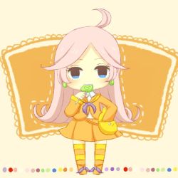 Rule 34 | 1girl, ahoge, blue eyes, candy, chibi, earrings, food, jewelry, john no hito, lollipop, long hair, looking at viewer, multicolored clothes, multicolored legwear, orange shirt, pigeon-toed, pink hair, puyopuyo, puyopuyo fever, raffina (puyopuyo), shirt, solo, standing, striped clothes, striped thighhighs, thighhighs, zettai ryouiki