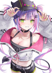 Rule 34 | 1girl, absurdres, akami770, bare shoulders, breasts, cleavage, ear piercing, green eyes, hat, highres, hololive, long sleeves, looking at viewer, medium breasts, midriff, navel, navel piercing, piercing, purple hair, smile, solo, tokoyami towa, tokoyami towa (1st costume), twintails, virtual youtuber