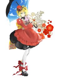 Rule 34 | 1990s (style), 1girl, blonde hair, female focus, final fantasy, final fantasy vi, flower, full body, gothic lolita, hat, lolita fashion, mary janes, plant, relm arrowny, ribbon, shoes, sky, solo, thighhighs, umbrella, white background