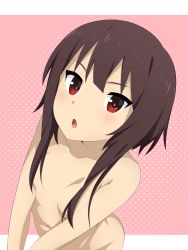 Rule 34 | 1girl, :o, absurdres, breasts, brown hair, completely nude, erinite02, hair over breasts, highres, kono subarashii sekai ni shukufuku wo!, megumin, nude, red eyes, short hair with long locks, simple background, small breasts, solo