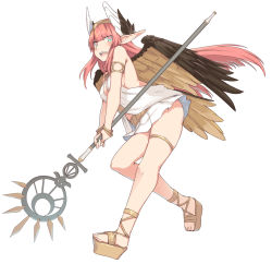 Rule 34 | 1girl, bracelet, circe (fate), dress, fate/grand order, fate (series), feathered wings, full body, head wings, headpiece, holding, holding staff, jewelry, long hair, open mouth, pink hair, pointy ears, sandals, shiseki hirame, short dress, simple background, solo, staff, very long hair, white background, white dress, wings
