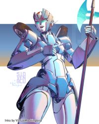 Rule 34 | 1girl, artist name, autobot, blue eyes, chromia, collaboration, commentary, english commentary, glowing, glowing eyes, highres, holding, holding lance, holding polearm, holding weapon, lance, looking down, mecha, no humans, open mouth, pointing, pointing to the side, polearm, robot, science fiction, sidvenblu, solo, transformers, virtual mockingbird, weapon