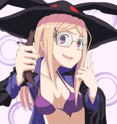 Rule 34 | &gt;:d, 10s, :d, bikini, blonde hair, glasses, hat, long hair, majolica le fay, ookami-san, open mouth, purple eyes, smile, swimsuit, tagme, v-shaped eyebrows, witch hat, yoshida keiji