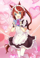 Rule 34 | 1girl, alternate costume, animal ears, apron, back bow, black dress, blue eyes, bow, box, brown hair, dress, enmaided, frilled cuffs, frilled dress, frills, garter straps, gift, hair flaps, hair ribbon, heart, heart-shaped box, high ponytail, highres, holding, holding gift, horse ears, horse girl, horse tail, kuon kimi, large bow, long hair, looking at viewer, maid, maid apron, maid headdress, multicolored hair, open mouth, pink background, pink ribbon, puffy short sleeves, puffy sleeves, ribbon, short dress, short sleeves, smile, solo, sparkle, standing, streaked hair, tail, thighhighs, tokai teio (umamusume), two-tone hair, umamusume, valentine, white apron, white bow, white hair, white thighhighs