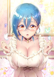 Rule 34 | 1girl, black collar, blue hair, blush, breasts, bug, butterfly, cleavage, collar, collarbone, crossed bangs, dress, earrings, flower, frilled dress, frills, hair between eyes, heart collar, highres, indoors, insect, jewelry, large breasts, long sleeves, looking at viewer, love live!, love live! superstar!!, medium hair, novady, open mouth, orange eyes, painting (object), solo, stud earrings, wakana shiki, white dress, white flower
