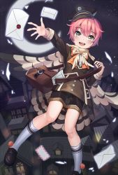 Rule 34 | 1girl, bad id, bad pixiv id, bag, bird wings, crescent moon, feathered wings, flying, hat, highres, house, japanese postal mark, letter, loafers, looking at viewer, moon, night, open hand, open mouth, original, outdoors, outstretched arm, pink hair, posom, ribbon, satchel, shoes, short hair, shorts, smile, socks, solo, teeth, town, tube socks, tunic, wax seal, white socks, wings, yellow eyes