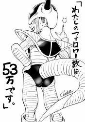 Rule 34 | 1boy, artist name, commentary request, dragon ball, dragonball z, evil grin, evil smile, fingernails, frieza, greyscale, grin, hand on own hip, highres, horns, lipstick, makeup, monochrome, saiyan armor, signature, simple background, sketch, smile, solo, standing, tail, translation request, white background, yabuki kentarou