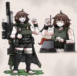 Rule 34 | ammunition pouch, antenna hair, astra militarum, bandage on face, bandages, barefoot, black thighhighs, can, canned food, cloak, cooking, cooking pot, directed-energy weapon, energy gun, energy weapon, field ration, gun, highres, ladle, laser gun, laser weapon, lasgun, octosoup, orange eyes, pouch, rifle, saliva, short hair, skull, sniper rifle, tank top, thighhighs, toned, tooth gap, warhammer 40k, weapon