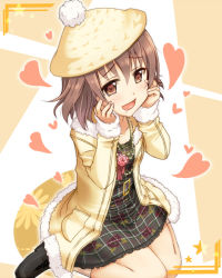 Rule 34 | 10s, 1girl, :d, blush, brown eyes, brown hair, dress, drooling, hands on own cheeks, hands on own face, hat, heart, heart-shaped pupils, idolmaster, idolmaster cinderella girls, jewelry, kita hinako, komore, necklace, open mouth, saliva, sitting, smile, solo, symbol-shaped pupils, wariza