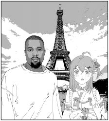Rule 34 | 1boy, 1girl, absurdres, dark-skinned male, dark skin, detached sleeves, eiffel tower, facial hair, goatee, greyscale, highres, hip hop, hololive, kanye west, looking at viewer, middle finger, monochrome, nontraditional miko, open mouth, paris, real life, sakura miko, sakura miko (1st costume), sky, v-shaped eyebrows, virtual youtuber, xyanaid