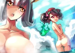 Rule 34 | 2girls, animal ears, ass, bathing, black hair, blush, breasts, comb, covering privates, fang, fox ears, gradient background, hm (hmongt), huge breasts, izuna jinkuro, kitsune, kongiku, large breasts, looking at viewer, looking back, momohime, multiple girls, naked towel, nude, nude cover, oboro muramasa, onsen, open mouth, red eyes, silver hair, small breasts, smile, steam, towel, wet, yellow eyes