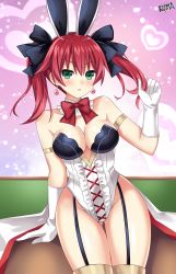 Rule 34 | 1girl, absurdres, animal ears, bare shoulders, bodysuit, breasts, cave (developer), cave (neptunia), cleavage, collar, cowboy shot, curvy, detached collar, earrings, facing viewer, floor, frown, garter straps, gloves, green eyes, heart, highres, jewelry, legs together, leotard, lewdkuma, long hair, looking at viewer, medium breasts, neptune (series), pink background, pink wall, playboy bunny, rabbit ears, red hair, ribbon, solo, standing, strapless, strapless leotard, thigh gap, thighhighs, thighs, twintails, wall, white gloves