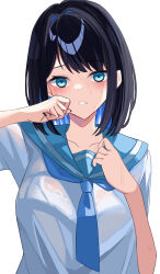 Rule 34 | 1girl, absurdres, arm up, asa giki, black hair, black nails, blue eyes, blush, bra visible through clothes, breasts, collar tug, collarbone, colored inner hair, commentary, fingernails, hand on own face, highres, hot, medium breasts, multicolored hair, original, parted lips, sailor collar, school uniform, see-through, see-through shirt, serafuku, simple background, summer, sweat, sweaty clothes, uniform, upper body, white background