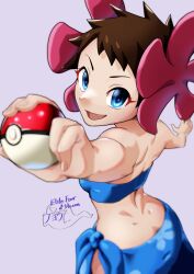 Rule 34 | 1girl, absurdres, ass, back, bare arms, blue eyes, blue sarong, brown hair, butt crack, character name, creatures (company), dimples of venus, game freak, highres, holding, holding poke ball, looking at viewer, nintendo, open mouth, phoebe (pokemon), poke ball, poke ball (basic), pokemon, pokemon rse, pokemon tower ghost, remya, sarong, short hair, simple background, smile, solo, strapless, tube top