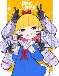 Rule 34 | 1girl, black eyes, blonde hair, blue dress, bow, dress, extra arms, hair bow, hands up, highres, iwako (eiken3kyuboy), long sleeves, looking at viewer, mechanical arms, neck ribbon, open mouth, original, red bow, red ribbon, ribbon, sailor collar, short hair, solo, teeth, tsurime, twitter username, v, white sailor collar