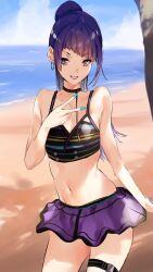 1girl asuzemu beach bikini bikini_skirt breasts choker cowboy_shot diagonal_bangs earrings hoop_earrings idolmaster idolmaster_shiny_colors jewelry medium_breasts multicolored_bikini multicolored_clothes nail_polish navel official_alternate_costume ponytail purple_eyes purple_hair smile solo striped_bikini striped_clothes swimsuit tanaka_mamimi thigh_strap v