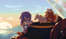 Rule 34 | 2boys, birthday cake, cake, dr. eggman, eating, facial hair, food, furry, furry male, goggles, goggles on head, highres, holding, mecha, multiple boys, mustache, one eye closed, robot, sky, sonic (series), sonic the hedgehog, spacecolonie, sunset