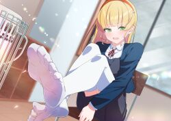 Rule 34 | 1girl, absurdres, blonde hair, blush, feet, godai 01, green eyes, hairband, heanna sumire, highres, long hair, looking at viewer, love live!, love live! superstar!!, open mouth, soles, thighhighs, toes, white thighhighs