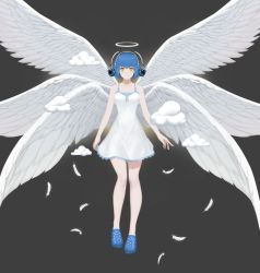 Rule 34 | 1girl, angel, angel wings, bare arms, bare shoulders, blue footwear, blue hair, cloud, crocs, dress, ex-trident, feathered wings, feathers, full body, grey background, halo, headphones, multiple wings, phyrnna, seraph, short dress, short hair, solo, white dress, white wings, wings, yellow eyes
