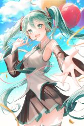 Rule 34 | 1girl, 723/nanahumi, :d, balloon, black skirt, black sleeves, blue sky, blush, breasts, cloud, cloudy sky, collared shirt, commentary, day, detached sleeves, dress shirt, green eyes, green hair, green necktie, hair between eyes, hatsune miku, headphones, headset, highres, long hair, long sleeves, looking at viewer, necktie, open mouth, outdoors, pleated skirt, resolution mismatch, shirt, skirt, sky, sleeveless, sleeveless shirt, small breasts, smile, solo, source larger, teeth, tie clip, twintails, upper teeth only, very long hair, vocaloid, white shirt, wide sleeves