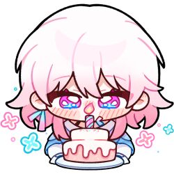 Rule 34 | 1girl, blush, cake, candle, chibi, commentary, ear blush, earrings, english commentary, food, holding, holding cake, holding food, honkai: star rail, honkai (series), jewelry, long sleeves, march 7th (honkai: star rail), medium hair, no mouth, official art, pink hair, single earring, solo, transparent background, upper body