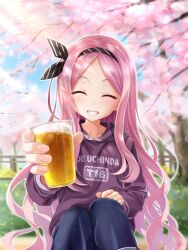 Rule 34 | 1girl, alcohol, beer, black headband, blush, bow, cafe stella to shinigami no chou, chaamii, cherry blossoms, closed eyes, clothes writing, collarbone, cup, eyebrows hidden by hair, eyelashes, forehead, grass, grin, hand on own knee, happy, headband, highres, holding, holding cup, hood, hoodie, legs together, lips, long hair, long sleeves, looking at viewer, outstretched arm, pants, park, parted bangs, pink hair, purple hoodie, shioyama suzune, sitting, smile, solo, striped, striped bow, striped headband, teeth, tree, very long hair, watermark, wavy hair, yuzu-soft