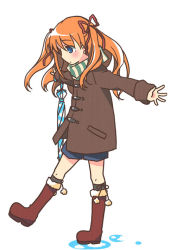 Rule 34 | 1girl, blue eyes, boots, closed umbrella, coat, kanon, long hair, orange hair, outstretched arms, puddle, sawatari makoto, solo, spread arms, touon, twintails, umbrella