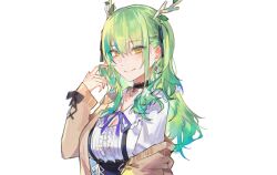 Rule 34 | 1girl, absurdres, antlers, black choker, blush, bow, braid, branch, breasts, cardigan, ceres fauna, ceres fauna (jirai kei), choker, cleavage cutout, clothing cutout, earrings, flower, frills, green hair, hair flower, hair ornament, hair ribbon, heart, heart choker, highres, hololive, hololive english, horns, jewelry, large breasts, long hair, long sleeves, lucadark art, mole, mole under eye, multicolored hair, official alternate costume, official alternate hairstyle, open cardigan, open clothes, pink nails, purple ribbon, ribbon, shirt, smile, solo, suspenders, twintails, virtual youtuber, white background, white shirt, yellow eyes