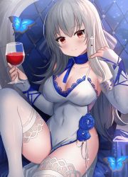 Rule 34 | 1girl, absurdres, ame sagari, azur lane, bare shoulders, blue choker, breasts, bridal gauntlets, bug, butterfly, choker, cleavage, covered navel, cup, dress, drinking glass, grey hair, highres, holding, holding cup, insect, knee up, lace trim, large breasts, long hair, looking at viewer, mole, mole under eye, pelvic curtain, red eyes, saint-louis (azur lane), saint-louis (holy knight&#039;s resplendence) (azur lane), saint-louis (holy knight&#039;s resplendence) (azur lane), sleeveless, sleeveless dress, smile, solo, thighhighs, thighs, white dress, white thighhighs, wine glass