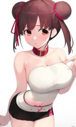 Rule 34 | 1girl, absurdres, arm behind back, bare shoulders, belt chain, black skirt, breasts, cleavage, cowboy shot, double bun, hair bun, highres, idolmaster, idolmaster shiny colors, jam (nandade), large breasts, leaning forward, midriff, miniskirt, navel, off-shoulder shirt, off shoulder, parted lips, pleated skirt, red eyes, shirt, simple background, skirt, solo, sonoda chiyoko, strapless, tareme, tight clothes, tight shirt, tube top, white background, white shirt
