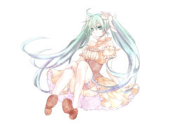 Rule 34 | 1girl, akinashi, bare shoulders, corset, crown, dress, full body, green eyes, green hair, hatsune miku, highres, kneehighs, long hair, matching hair/eyes, open mouth, shoes, simple background, sitting, socks, solo, thighhighs, twintails, very long hair, vocaloid, white background