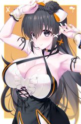 Rule 34 | 1girl, armpits, arms up, black choker, black eyes, black hair, blush, bracelet, breasts, choker, cleavage, closed mouth, collarbone, emanon123, hair ornament, highres, jewelry, large breasts, long hair, looking at viewer, nail polish, orange nails, original, smile, solo, upper body