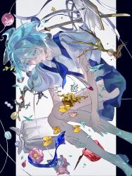 Rule 34 | 1other, androgynous, bug, butterfly, closed eyes, colored eyelashes, commentary request, cracked skin, crystal hair, eyeball, falling petals, flower, gem, gem uniform (houseki no kuni), ghost to human, green hair, highres, houseki no kuni, insect, knees up, necktie, other focus, petals, phosphophyllite, shards, shirt, short hair, short sleeves, shorts, solo, sparkle, yellow butterfly