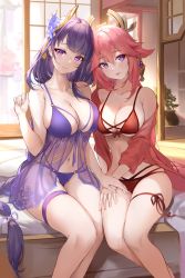 Rule 34 | 2girls, bare shoulders, bedroom, bikini, blue flower, blush, braid, breasts, cleavage, closed mouth, commentary, feet out of frame, flower, genshin impact, hair between eyes, hair flower, hair ornament, hand on another&#039;s thigh, hand on hand, hand on own thigh, hand up, highres, large breasts, legs together, long hair, long sleeves, looking at viewer, low-braided long hair, low-tied long hair, mole, mole under eye, multiple girls, navel, off shoulder, on bed, open clothes, parted lips, pdxen, pink hair, plant, purple bikini, purple eyes, purple hair, raiden shogun, raised eyebrows, red bikini, see-through, see-through silhouette, shouji, sitting, sliding doors, smile, swimsuit, symbol-only commentary, thigh strap, thighs, very long hair, vision (genshin impact), yae miko