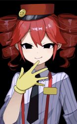 Rule 34 | 1girl, alternate costume, black background, black eyes, black necktie, closed mouth, collared shirt, drill hair, gloves, hand to own mouth, hand up, hat, hidaka ui, highres, kasane teto, looking at viewer, mesmerizer (vocaloid), necktie, red hair, red hat, shirt, sleeves rolled up, smile, smiley face, solo, striped clothes, striped shirt, suspenders, twin drills, upper body, utau, yellow gloves
