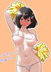 Rule 34 | 1girl, bikini, black hair, blush, bouncing breasts, breasts, brown eyes, dated, full-face blush, furaggu (frag 0416), haguro (kancolle), hair ornament, highres, holding, holding pom poms, kantai collection, large breasts, looking at viewer, micro bikini, orange background, pom pom (cheerleading), pom poms, short hair, solo, swimsuit, twitter username, white bikini