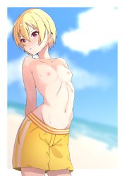 Rule 34 | 1girl, arms behind back, beach, blonde hair, breasts, collarbone, crossdressing, day, embarrassed, exhibitionism, flat chest, highres, idolmaster, idolmaster shiny colors, male swimwear, male swimwear challenge, navel, nipples, public indecency, red eyes, reverse trap, ribs, saijo juri, shi6zakuro, short hair, small breasts, solo, swim trunks, swimsuit, topless, yellow male swimwear, yellow swim trunks