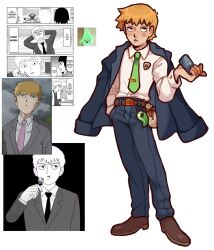 Rule 34 | 1boy, alternate costume, blonde hair, blue pants, brown footwear, cellphone, collared shirt, commentary, english commentary, flip phone, full body, green necktie, hand in pocket, highres, holding, holding phone, jacket, jacket on shoulders, long sleeves, magatama, male focus, mob psycho 100, necktie, pants, phone, redesign, reference inset, reigen arataka, shirt, shoes, short hair, simple background, solo, standing, websmunks, white background, white shirt