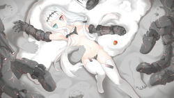 Rule 34 | 1girl, armor, blue eyes, breasts, cloak, hair ornament, heart, heart in eye, highres, kantai collection, long hair, looking at viewer, mechanical arms, mechanical hands, medium breasts, neo libra, no bra, northern water princess, panties, ponytail, silver hair, single mechanical hand, solo, symbol in eye, thighhighs, underwear, undressing, very long hair, white cloak, white thighhighs