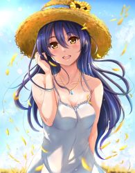 Rule 34 | 1girl, arm behind back, bare shoulders, blue hair, blush, ca ba ya ki, commentary request, day, dress, floating hair, flower, hair between eyes, hand in own hair, hat, highres, jewelry, long dress, long hair, looking at viewer, love live!, love live! school idol project, necklace, open mouth, outdoors, sky, sleeveless, sleeveless dress, smile, solo, sonoda umi, standing, straw hat, sun hat, sundress, sunflower, white dress, wind, yellow eyes